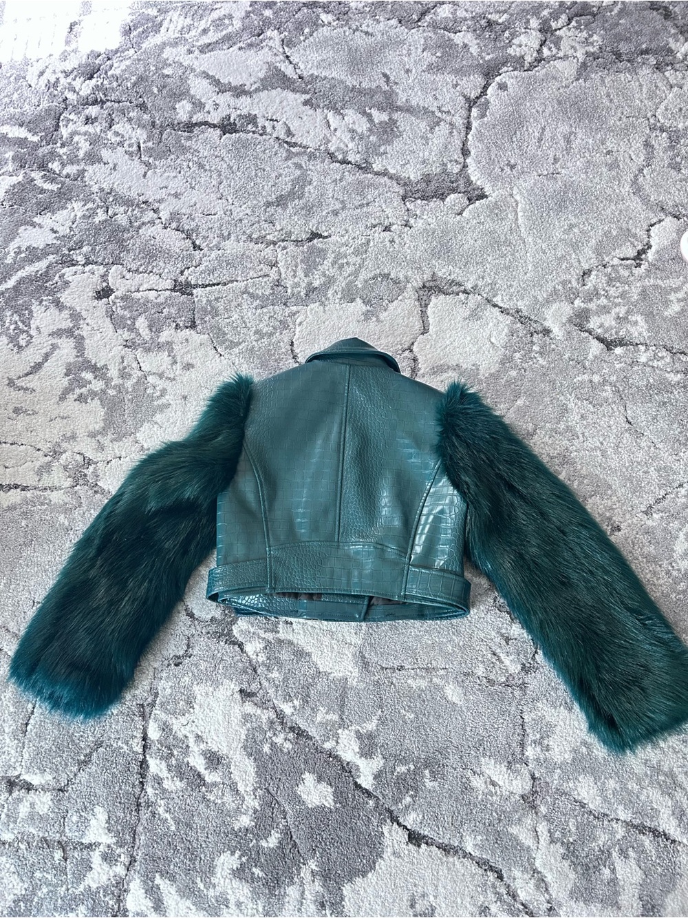 Women’s Teal Faux Fur Sleeve Cropped Leather Jacket - Picture 2 of 2